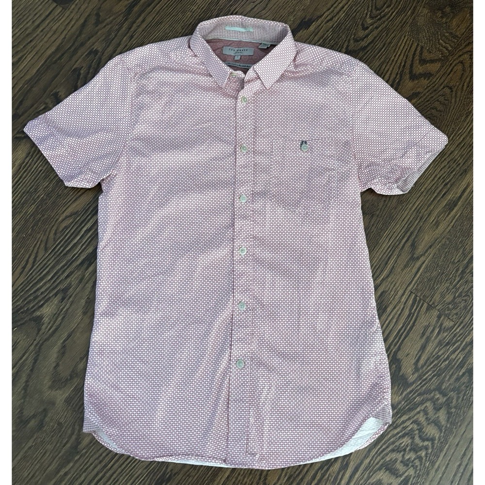 Ted Baker Men's Pink White Geometric Short Sleeve Button-Up‎ Shirt Size 2